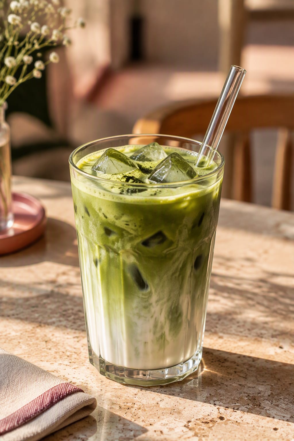 Green matcha latte with ice