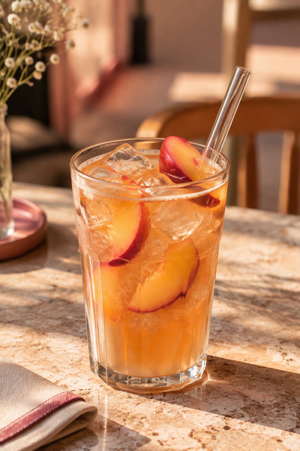 Peach iced tea with fruit garnish